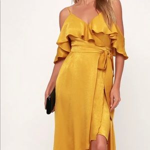 Mustard Yellow Satin Off-the-Shoulder Wrap Dress